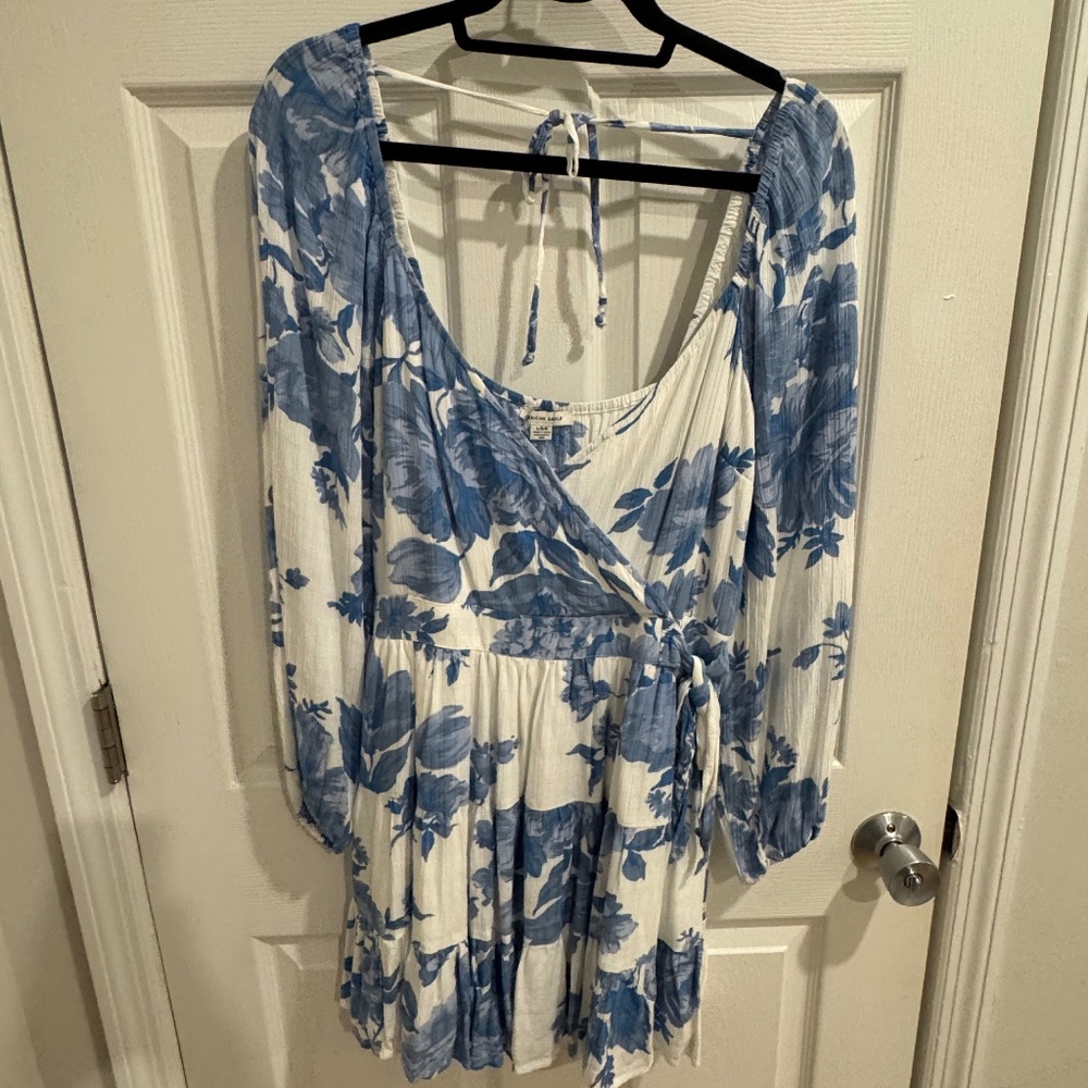American Eagle Blue and White Floral Long Sleeve Wrap Dress